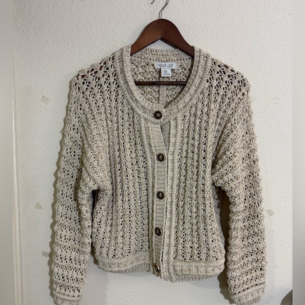 Preowned Rachel Zoe Chunky Cable Knit Sweater Metallic Thread Beige SIZE XS